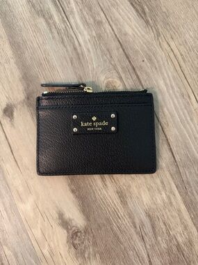 kate spade Black Leather Zip Card Case with Gold Plaque